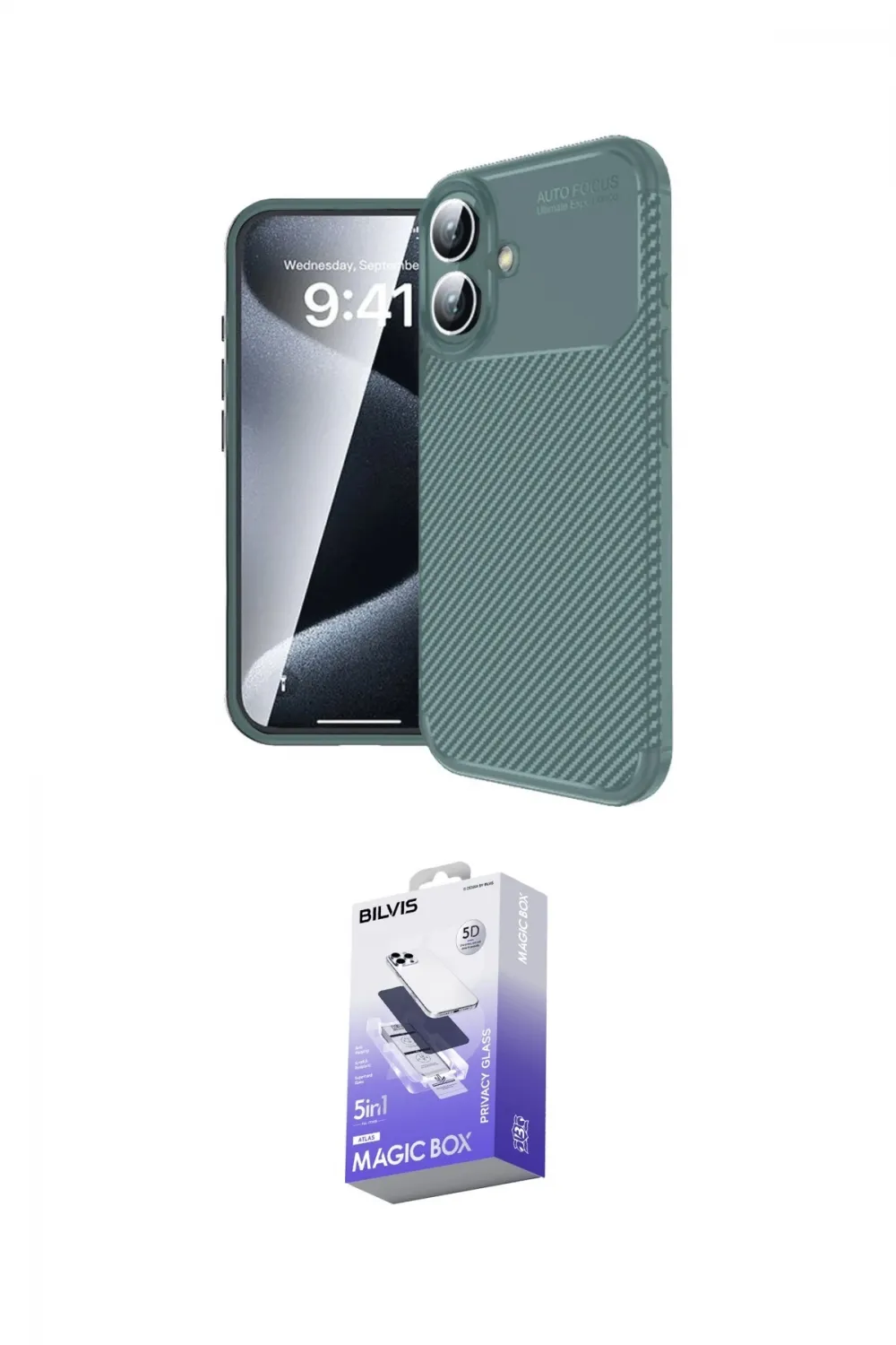 ieg™ iPhone 16 Kılıf Eksen Form Prime - Siyah Bilvis 5in1 5D Magic Hayalet Cam Ekran Koruyucu
