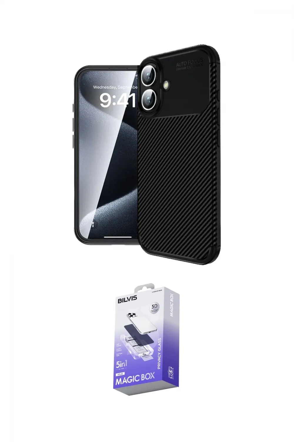 ieg™ iPhone 16 Kılıf Eksen Form Prime - Siyah Bilvis 5in1 5D Magic Hayalet Cam Ekran Koruyucu