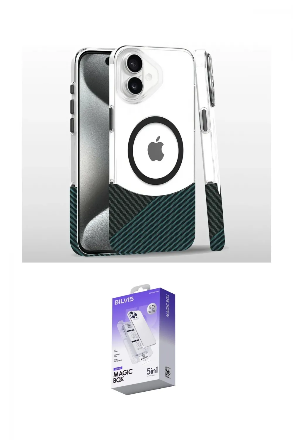 ieg™ iPhone 16 Kılıf İz Asil Prime - Siyah Bilvis 5in1 3D Magic Cam Ekran Koruyucu