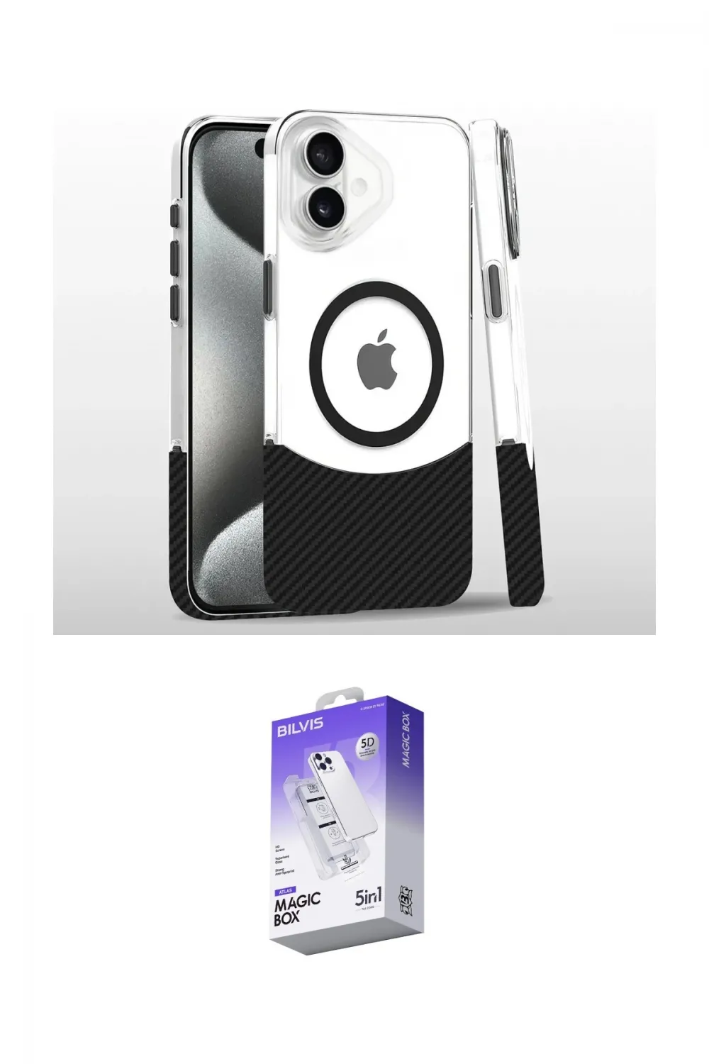 ieg™ iPhone 16 Kılıf İz Asil Prime - Siyah Bilvis 5in1 3D Magic Cam Ekran Koruyucu