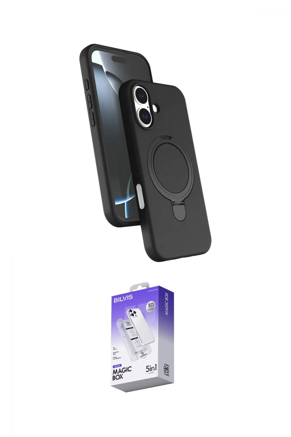 ieg™ iPhone 16 Kılıf İz Işık Koleksiyonu - Siyah Bilvis 5in1 3D Magic Cam Ekran Koruyucu