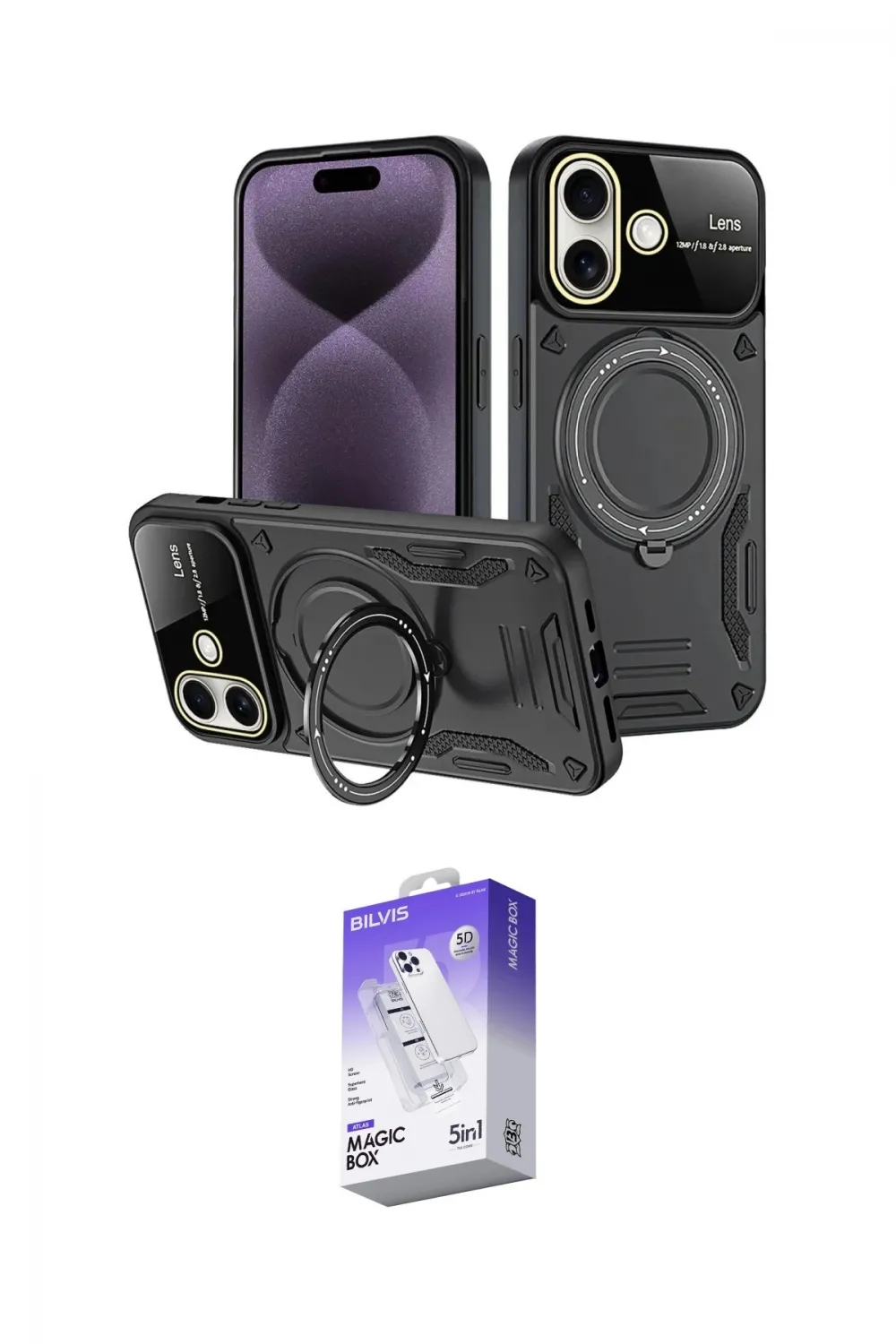 ieg™ iPhone 16 Kılıf Kıvılcım Modern Serisi - Siyah Bilvis 5in1 3D Magic Cam Ekran Koruyucu