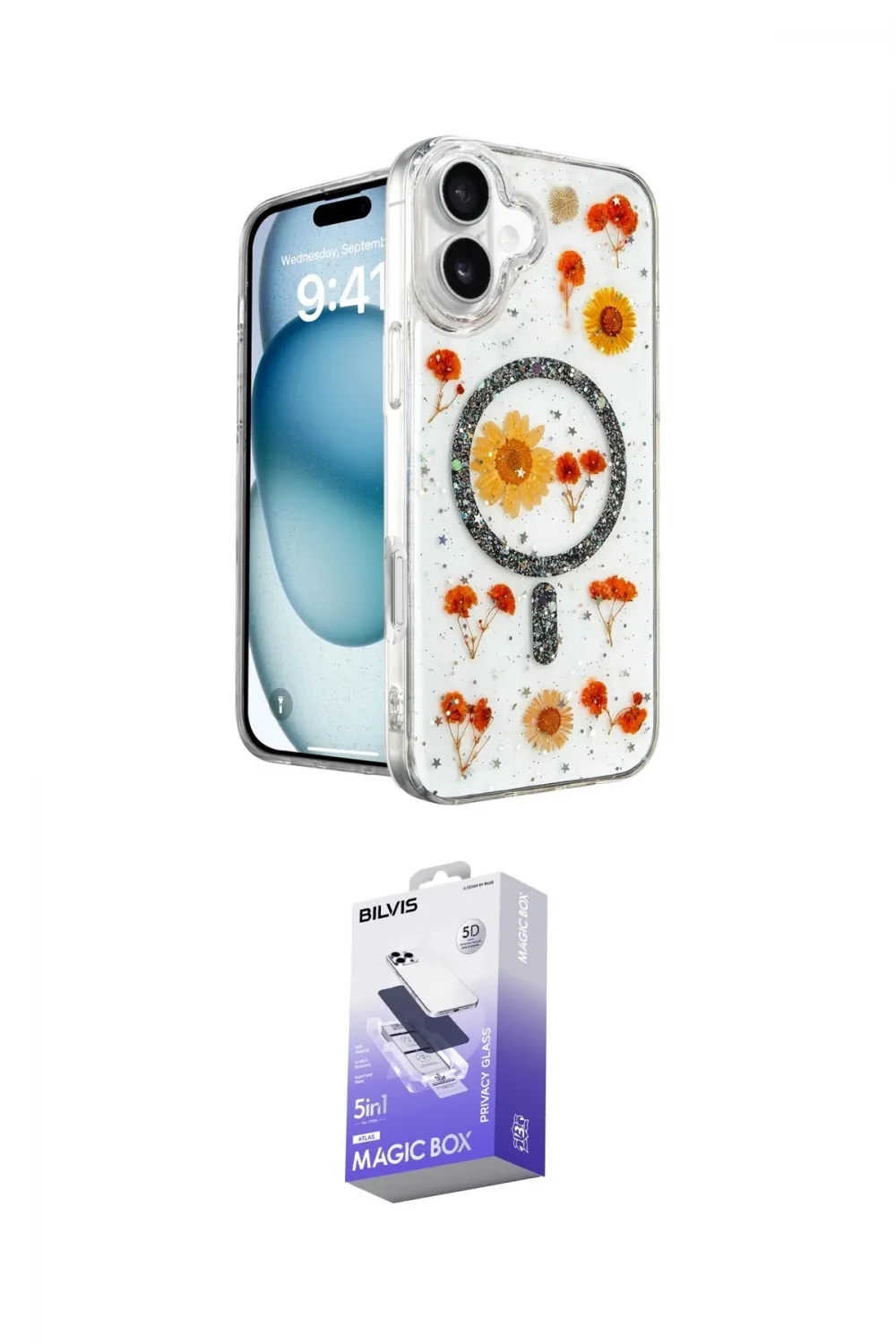 ieg™ iPhone 16 Kılıf Kozmos Doku - Siyah Bilvis 5in1 5D Magic Hayalet Cam Ekran Koruyucu