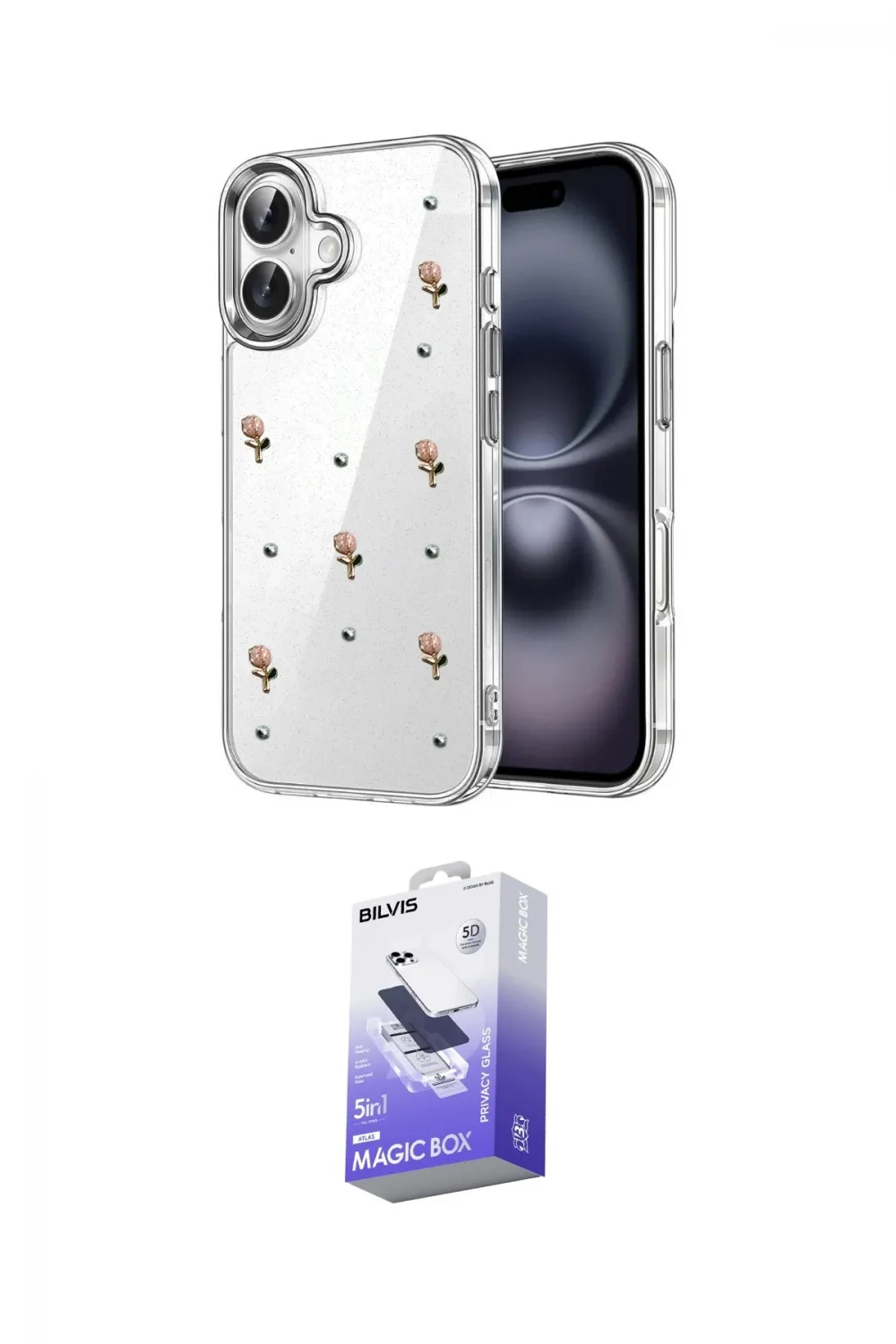 ieg™ iPhone 16 Kılıf Yörünge Form - Siyah Bilvis 5in1 5D Magic Hayalet Cam Ekran Koruyucu