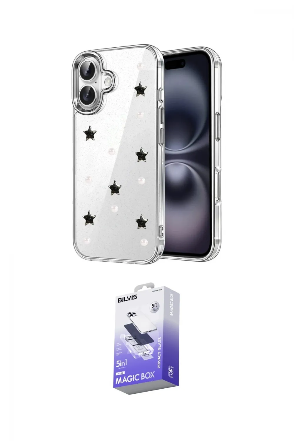 ieg™ iPhone 16 Kılıf Yörünge Form - Siyah Bilvis 5in1 5D Magic Hayalet Cam Ekran Koruyucu