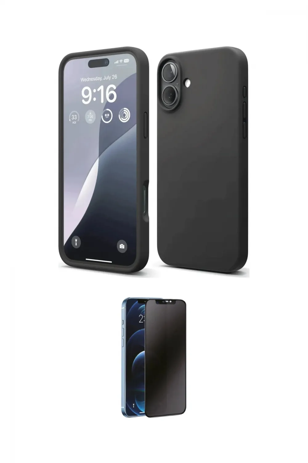 ieg™ iPhone 16 Plus Kılıf Ahenk Serisi - Siyah 3D Antistatik Hayalet Cam Ekran Koruyucu