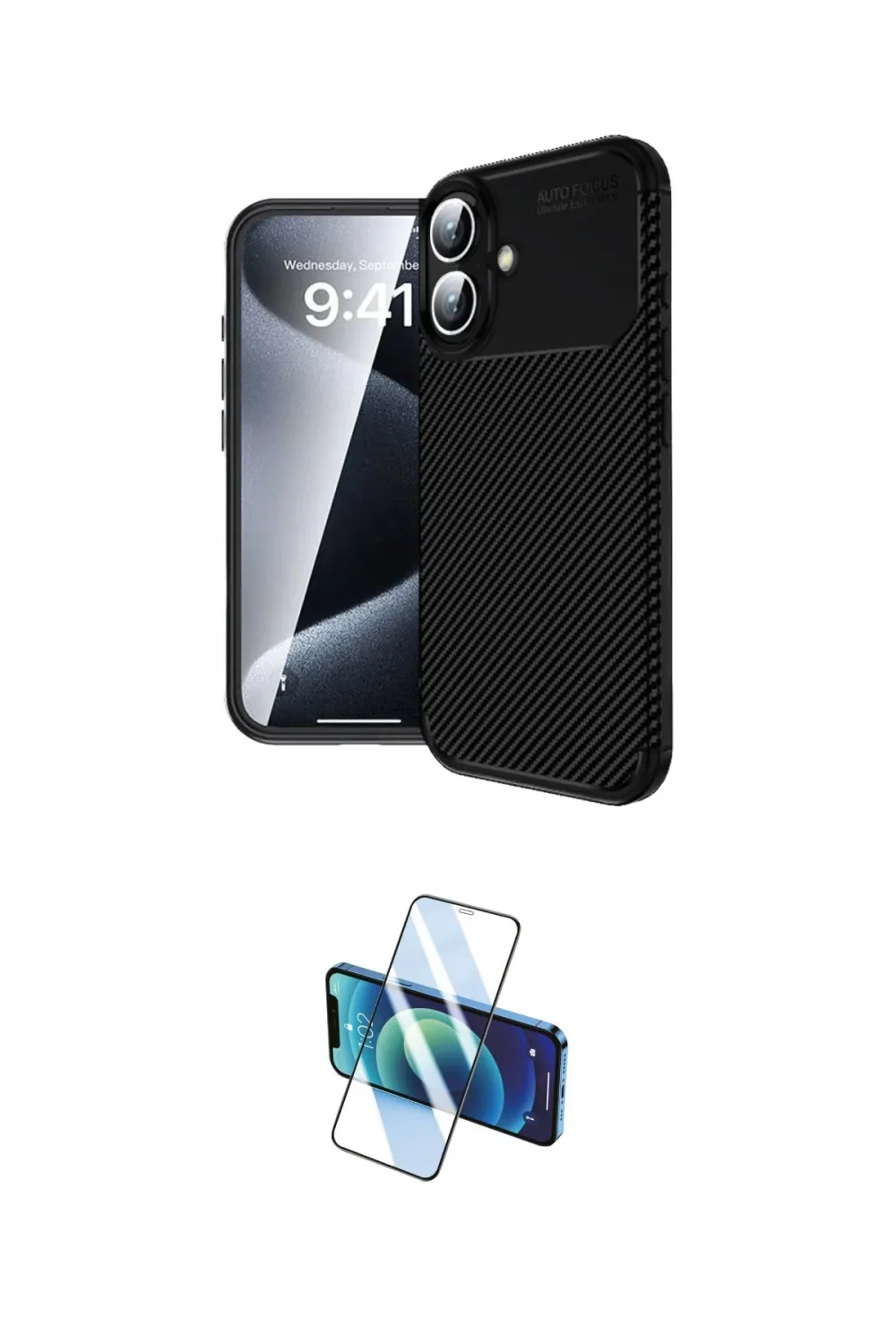 ieg™ iPhone 16 Plus Kılıf Eksen Form Prime - Siyah 3D Antistatik Cam Ekran Koruyucu