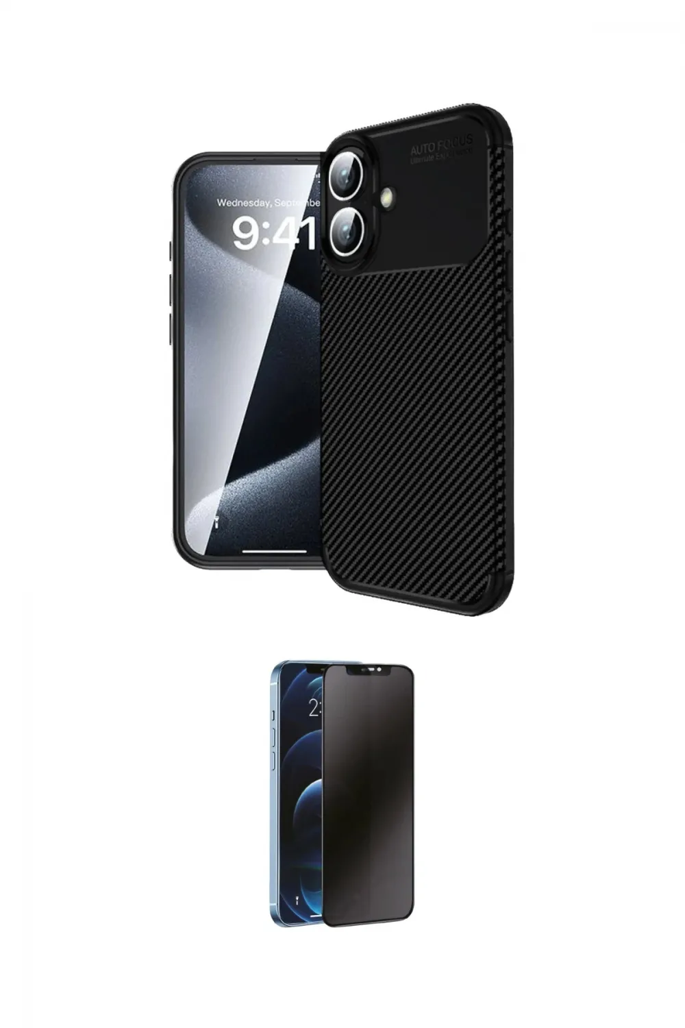 ieg™ iPhone 16 Plus Kılıf Eksen Form Prime - Siyah 3D Antistatik Hayalet Cam Ekran Koruyucu