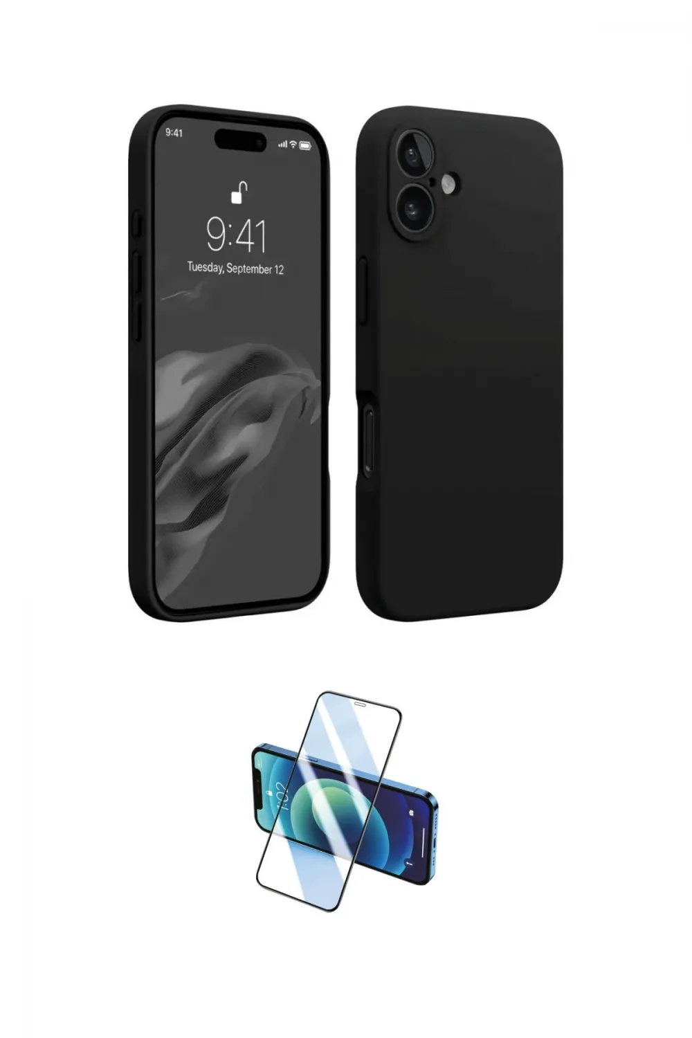 ieg™ iPhone 16 Plus Kılıf Kozmos Yansıma Özel Seri - Siyah 3D Antistatik Cam Ekran Koruyucu