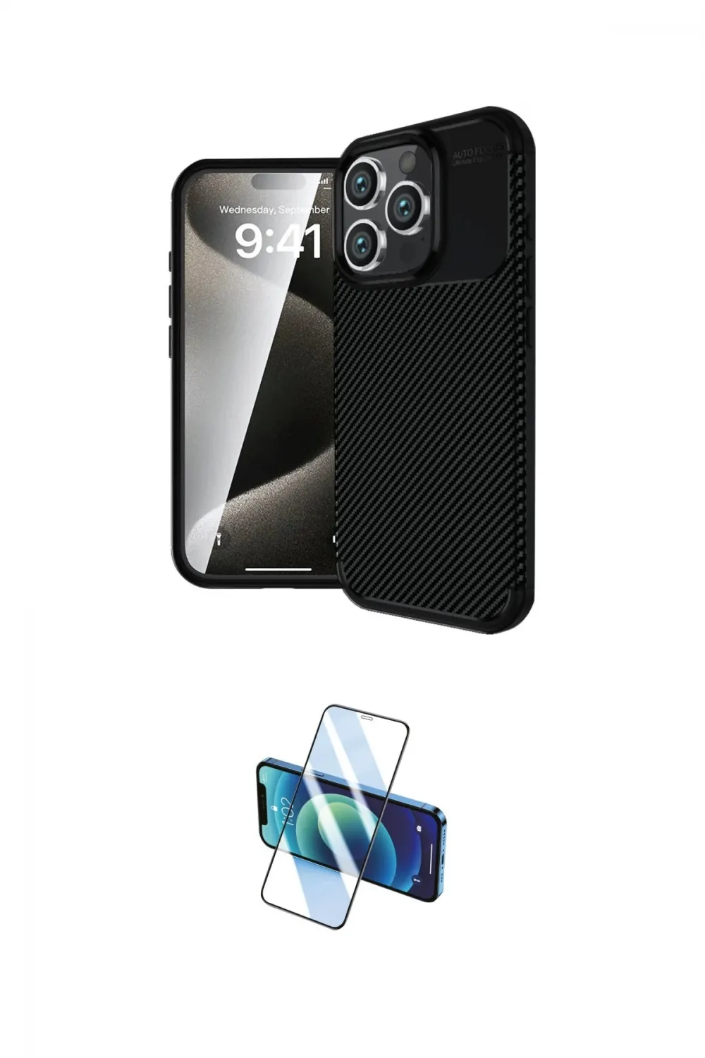 ieg™ iPhone 16 Pro Kılıf Eksen Form Prime - Siyah 3D Antistatik Cam Ekran Koruyucu