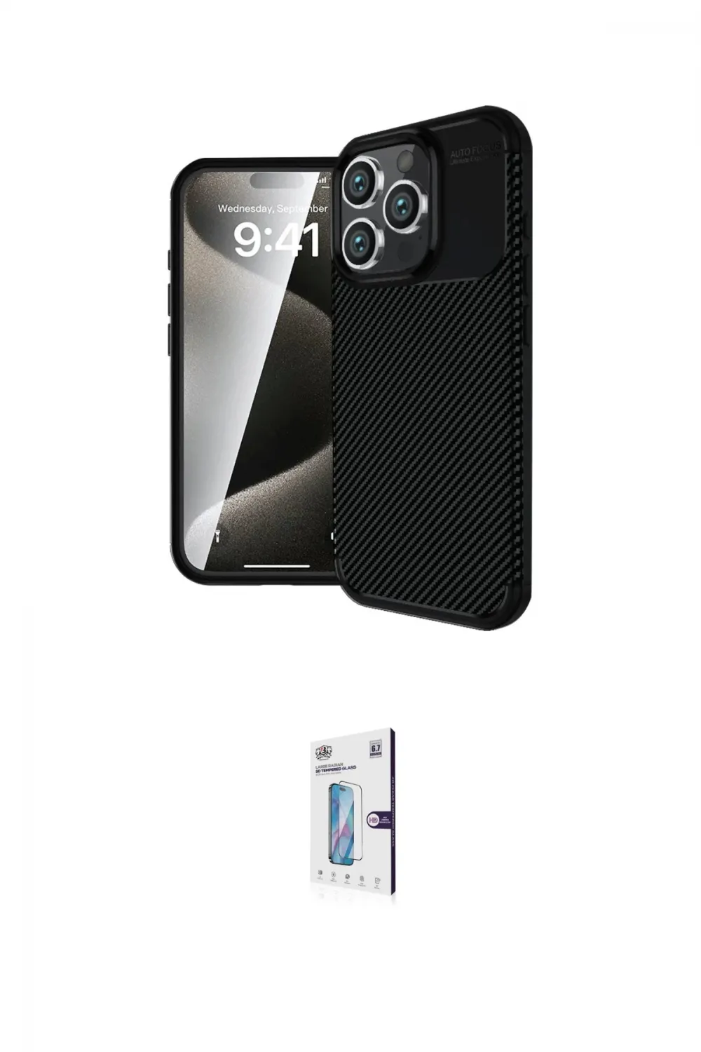 ieg™ iPhone 16 Pro Kılıf Eksen Form Prime - Siyah Bilvis 0.18mm Plus Cam Ekran Koruyucu