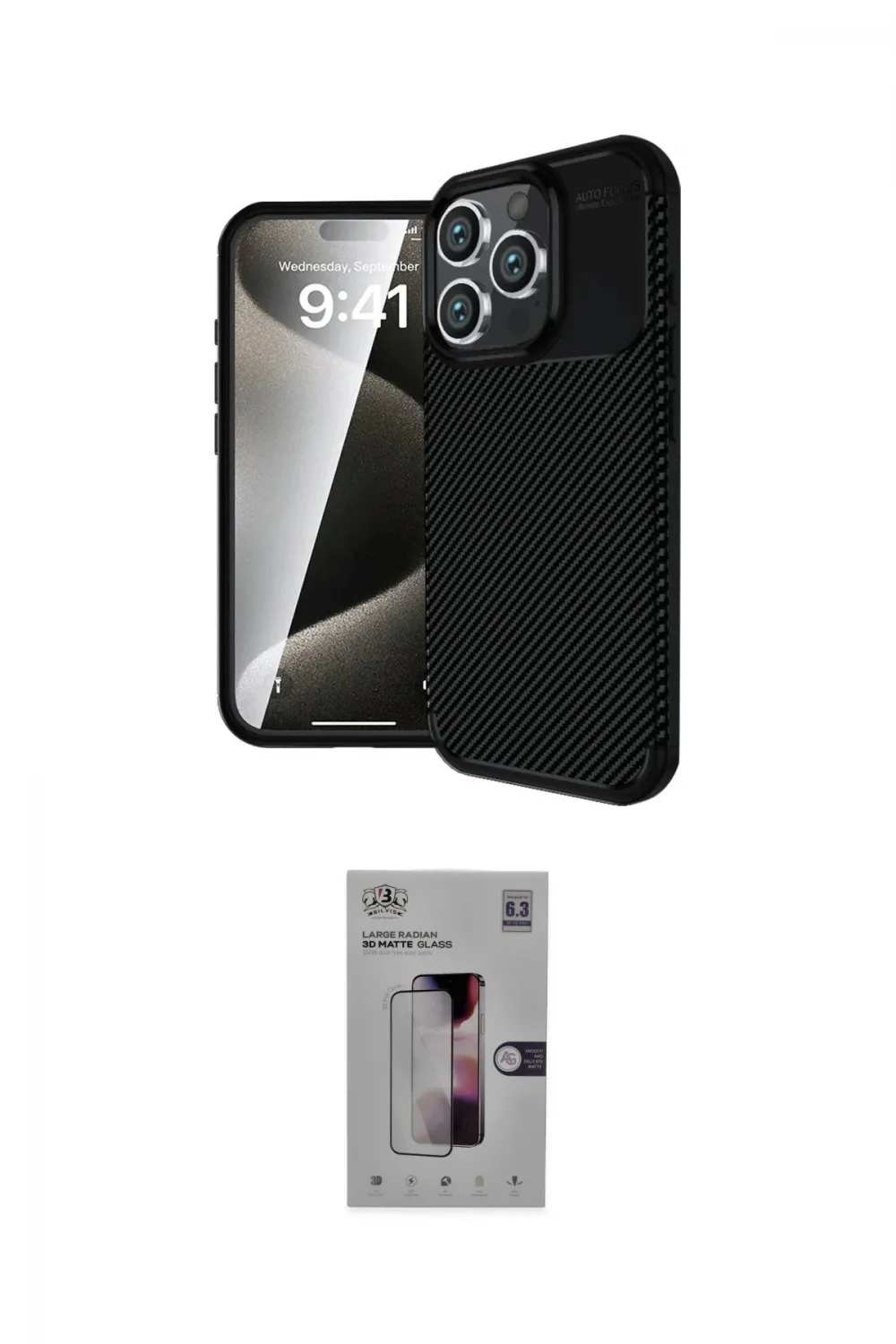 ieg™ iPhone 16 Pro Kılıf Eksen Form Prime - Siyah Bilvis 3D Mat Cam Ekran Koruyucu