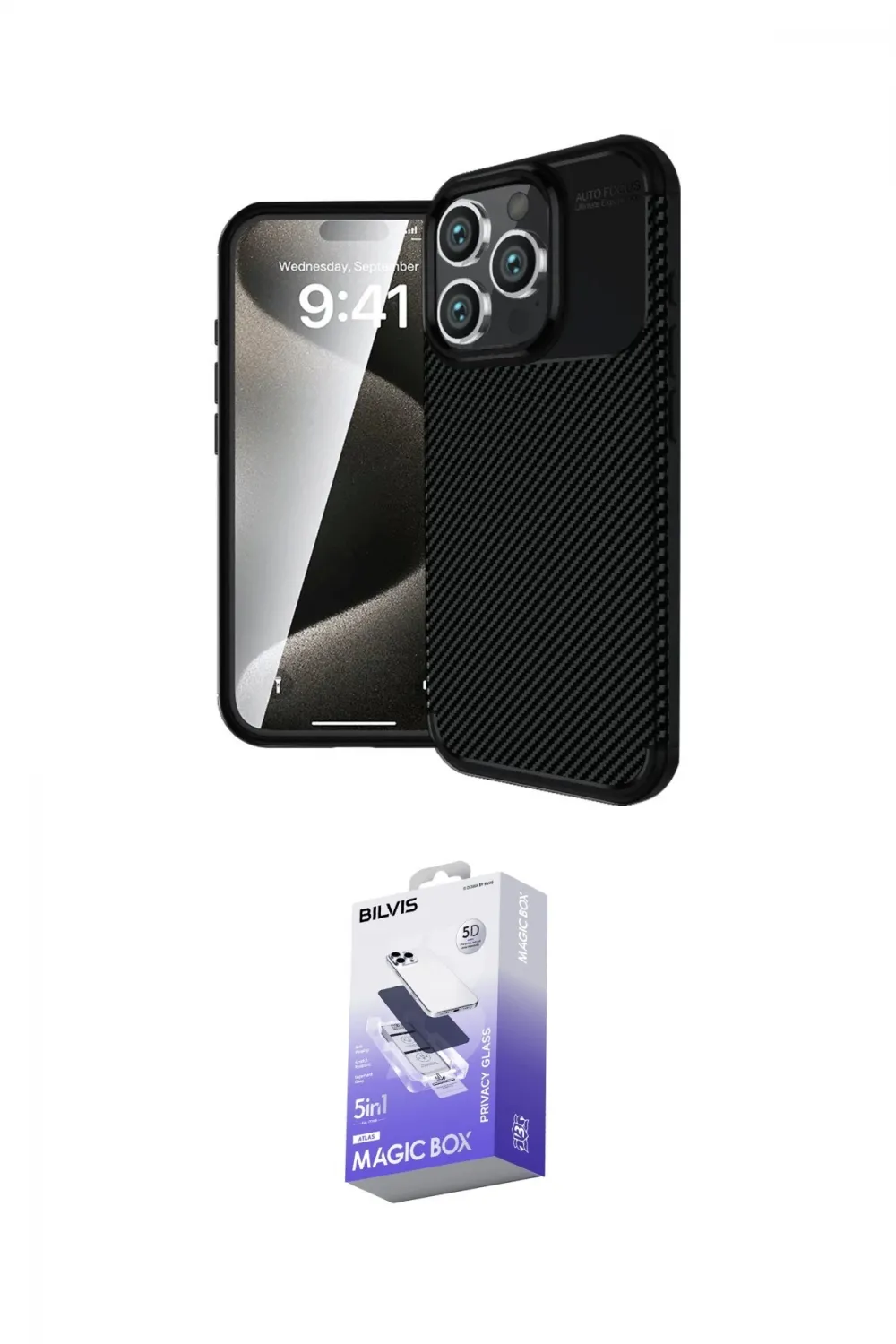 ieg™ iPhone 16 Pro Kılıf Eksen Form Prime - Siyah Bilvis 5in1 5D Magic Hayalet Cam Ekran Koruyucu