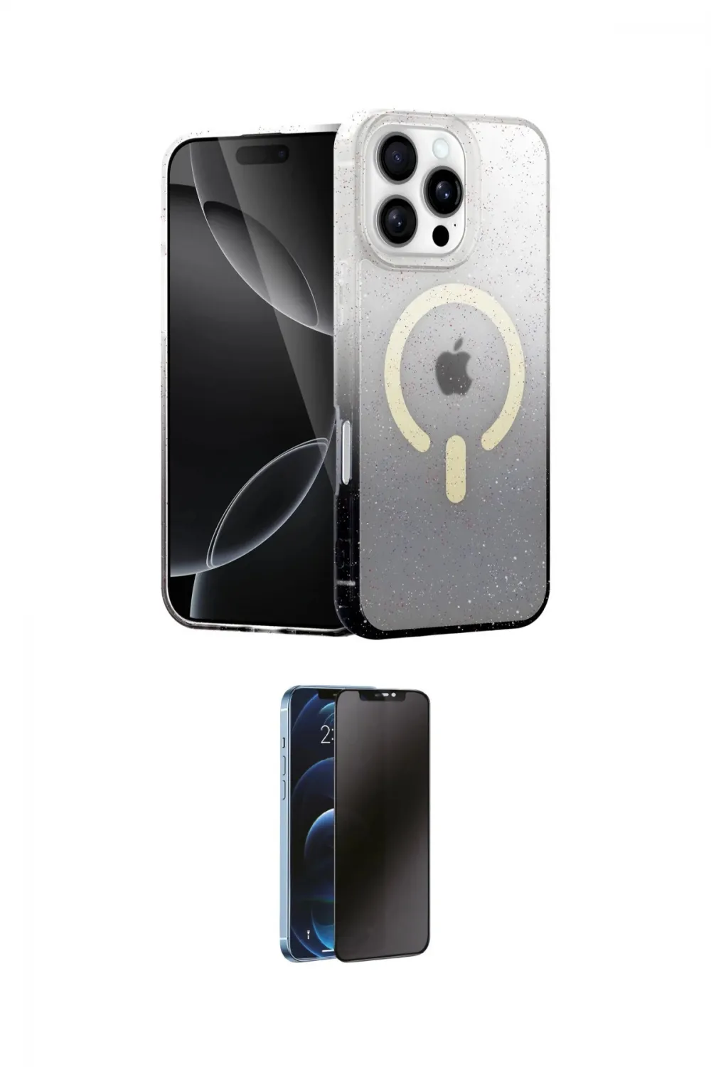 ieg™ iPhone 16 Pro Kılıf Eksen Minimal Özel Seri - Siyah 3D Antistatik Hayalet Cam Ekran Koruyucu