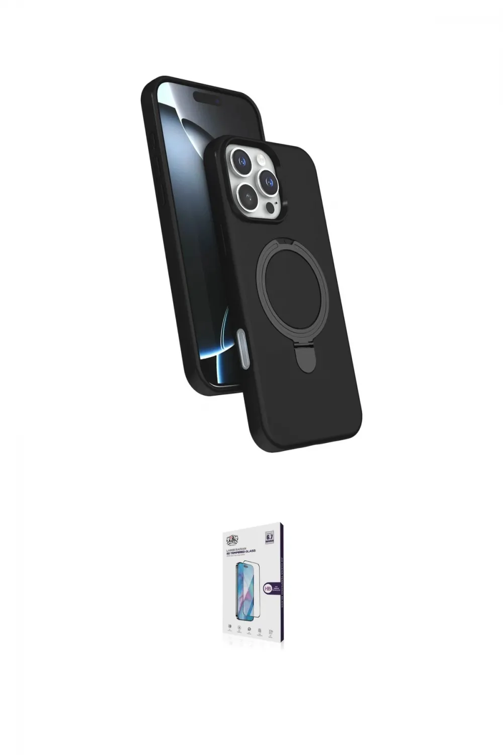 ieg™ iPhone 16 Pro Kılıf İz Işık Koleksiyonu - Siyah Bilvis 0.18mm Plus Cam Ekran Koruyucu