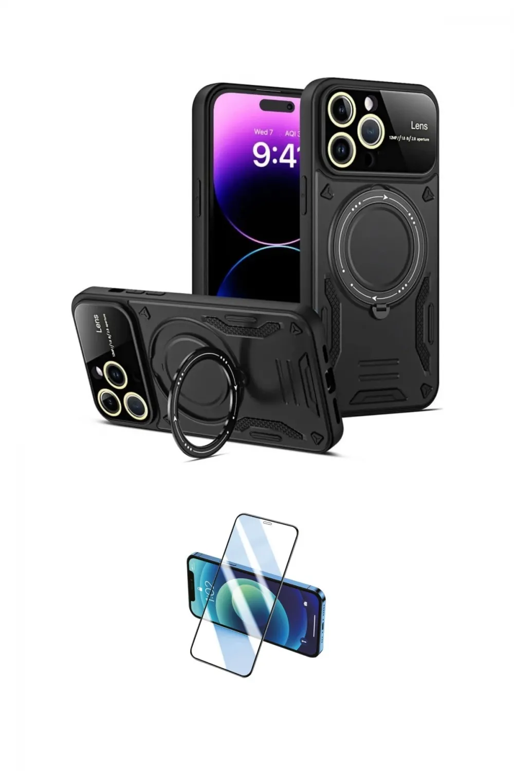 ieg™ iPhone 16 Pro Kılıf Kıvılcım Modern Serisi - Siyah 3D Antistatik Cam Ekran Koruyucu
