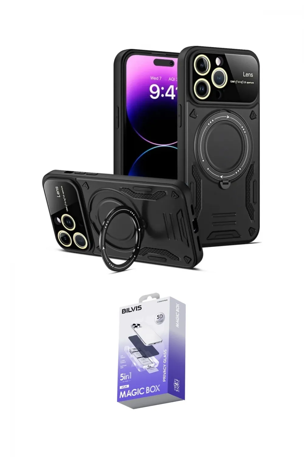 ieg™ iPhone 16 Pro Kılıf Kıvılcım Modern Serisi - Siyah Bilvis 5in1 5D Magic Hayalet Cam Ekran Koruyucu