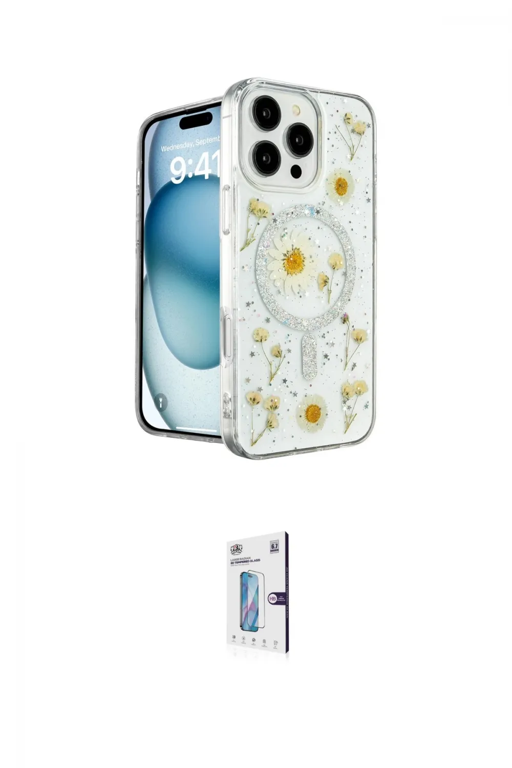 ieg™ iPhone 16 Pro Kılıf Kozmos Doku - Siyah Bilvis 0.18mm Plus Cam Ekran Koruyucu