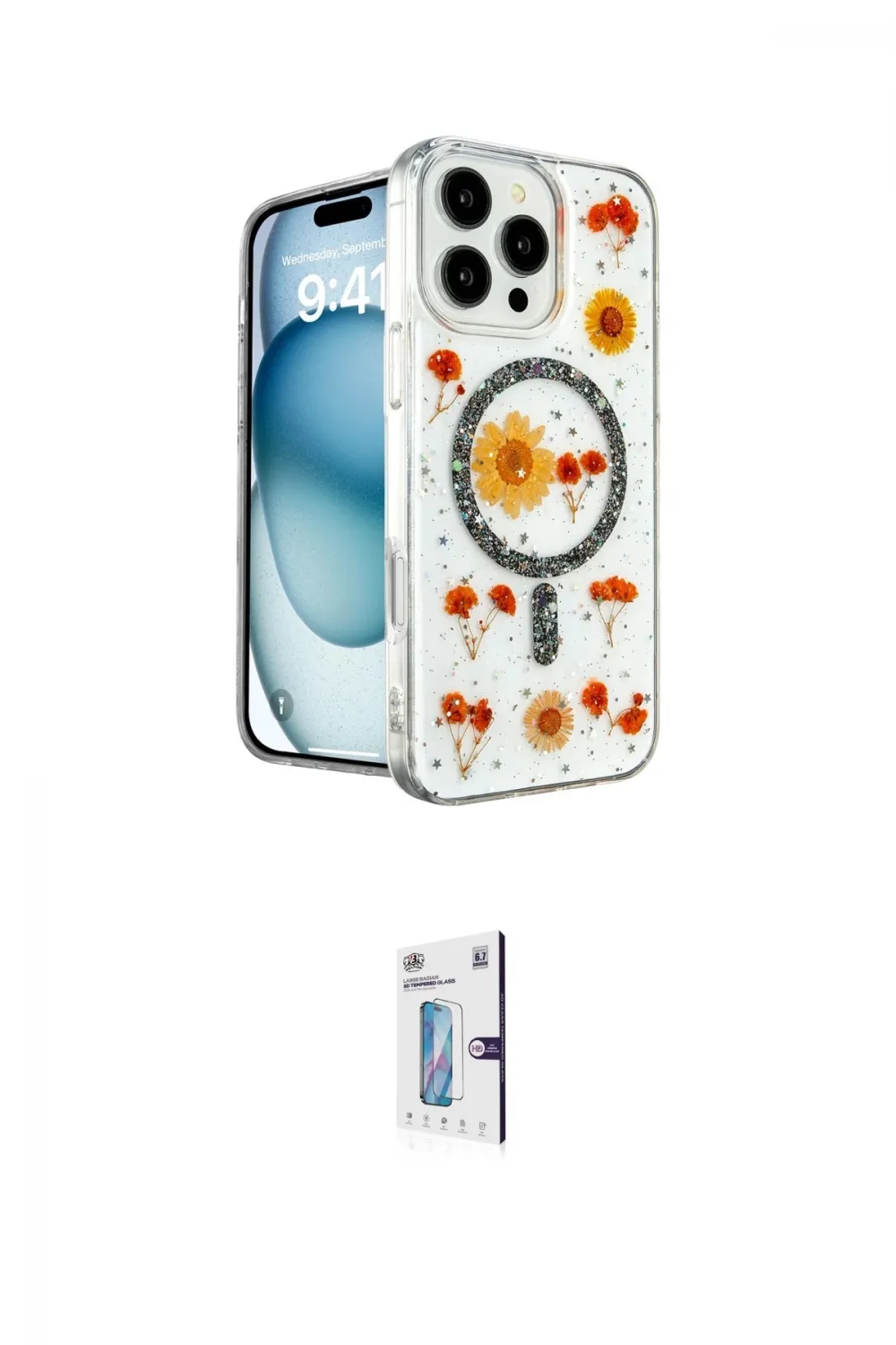 ieg™ iPhone 16 Pro Kılıf Kozmos Doku - Siyah Bilvis 0.18mm Plus Cam Ekran Koruyucu