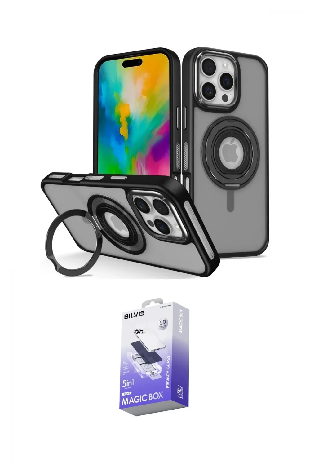 ieg™ iPhone 16 Pro Kılıf Nova Minimal Serisi - Siyah Bilvis 5in1 5D Magic Hayalet Cam Ekran Koruyucu