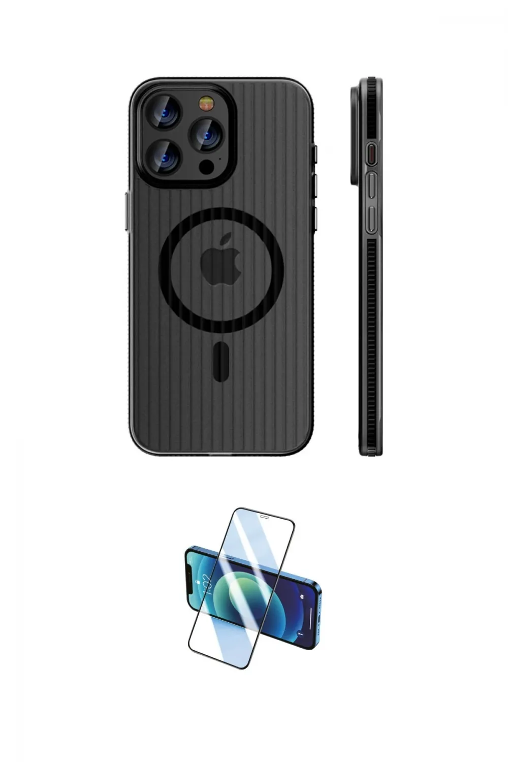 ieg™ iPhone 16 Pro Kılıf Pusula Minimal Koleksiyonu - Siyah 3D Antistatik Cam Ekran Koruyucu