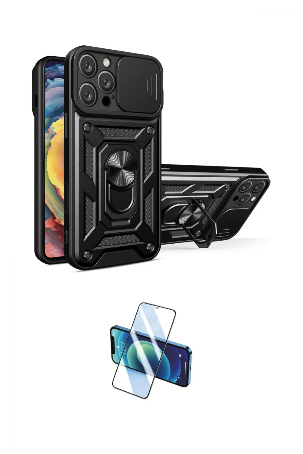 ieg™ iPhone 16 Pro Max Kılıf Ahenk Klasik - Siyah 3D Antistatik Cam Ekran Koruyucu