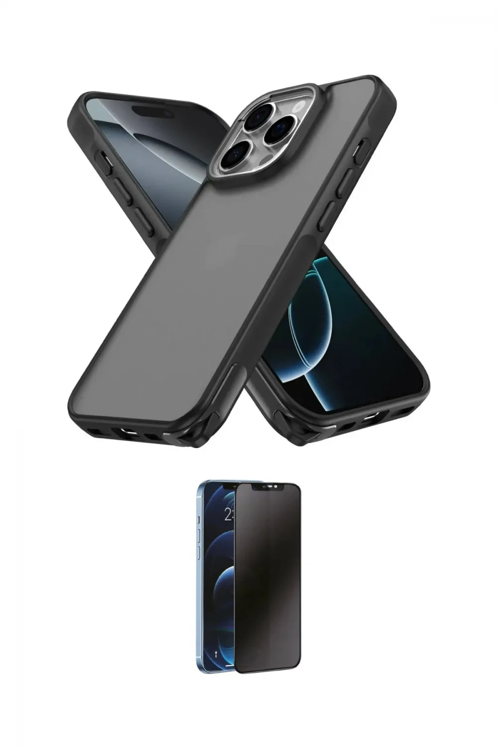ieg™ iPhone 16 Pro Max Kılıf Atlas Form - Siyah 3D Antistatik Hayalet Cam Ekran Koruyucu