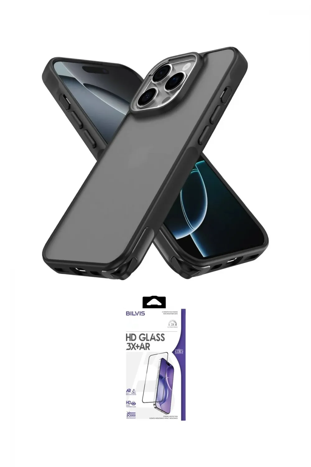 ieg™ iPhone 16 Pro Max Kılıf Atlas Form - Siyah Bilvis 3X AR HD Cam Ekran Koruyucu