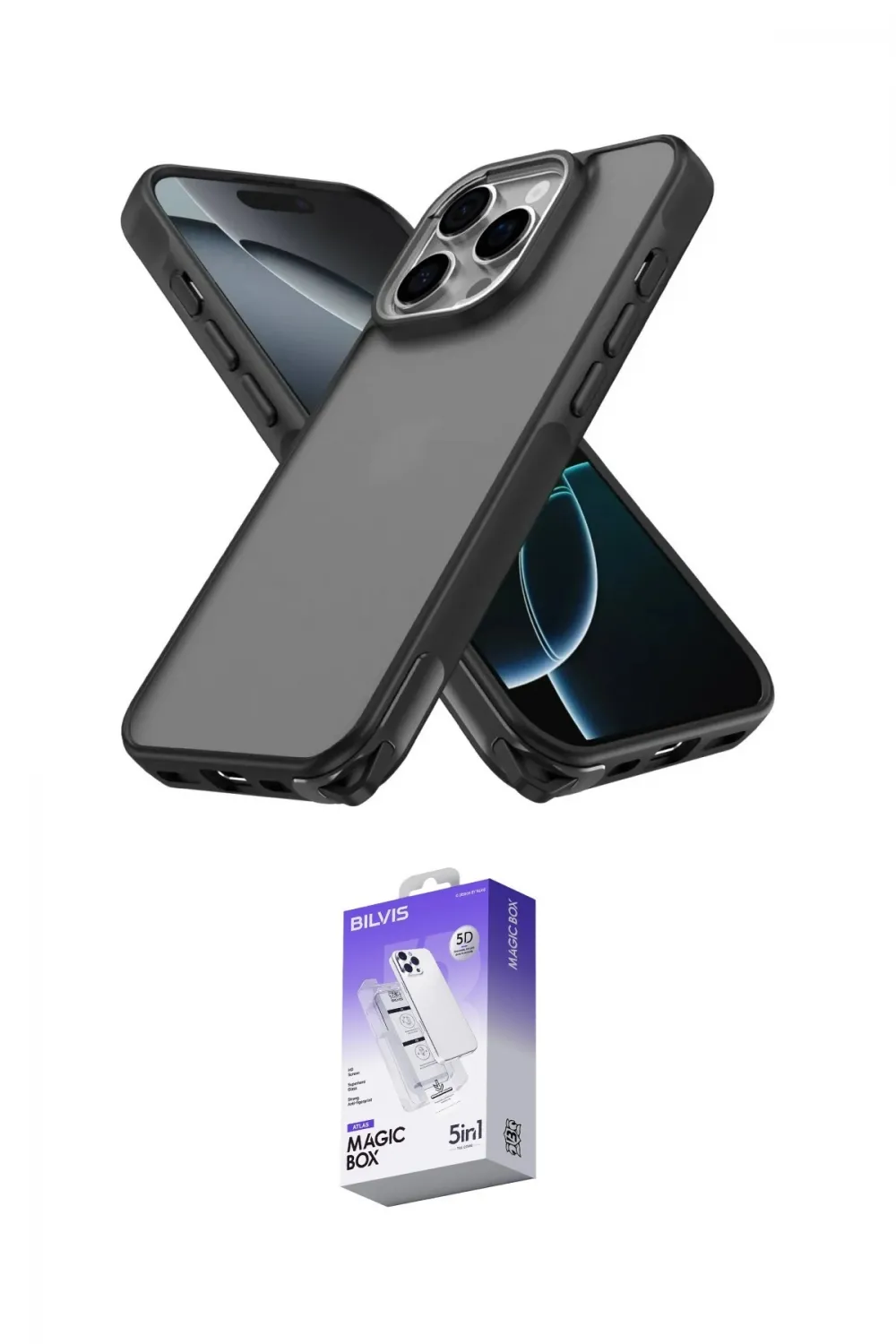 ieg™ iPhone 16 Pro Max Kılıf Atlas Form - Siyah Bilvis 5in1 3D Magic Cam Ekran Koruyucu