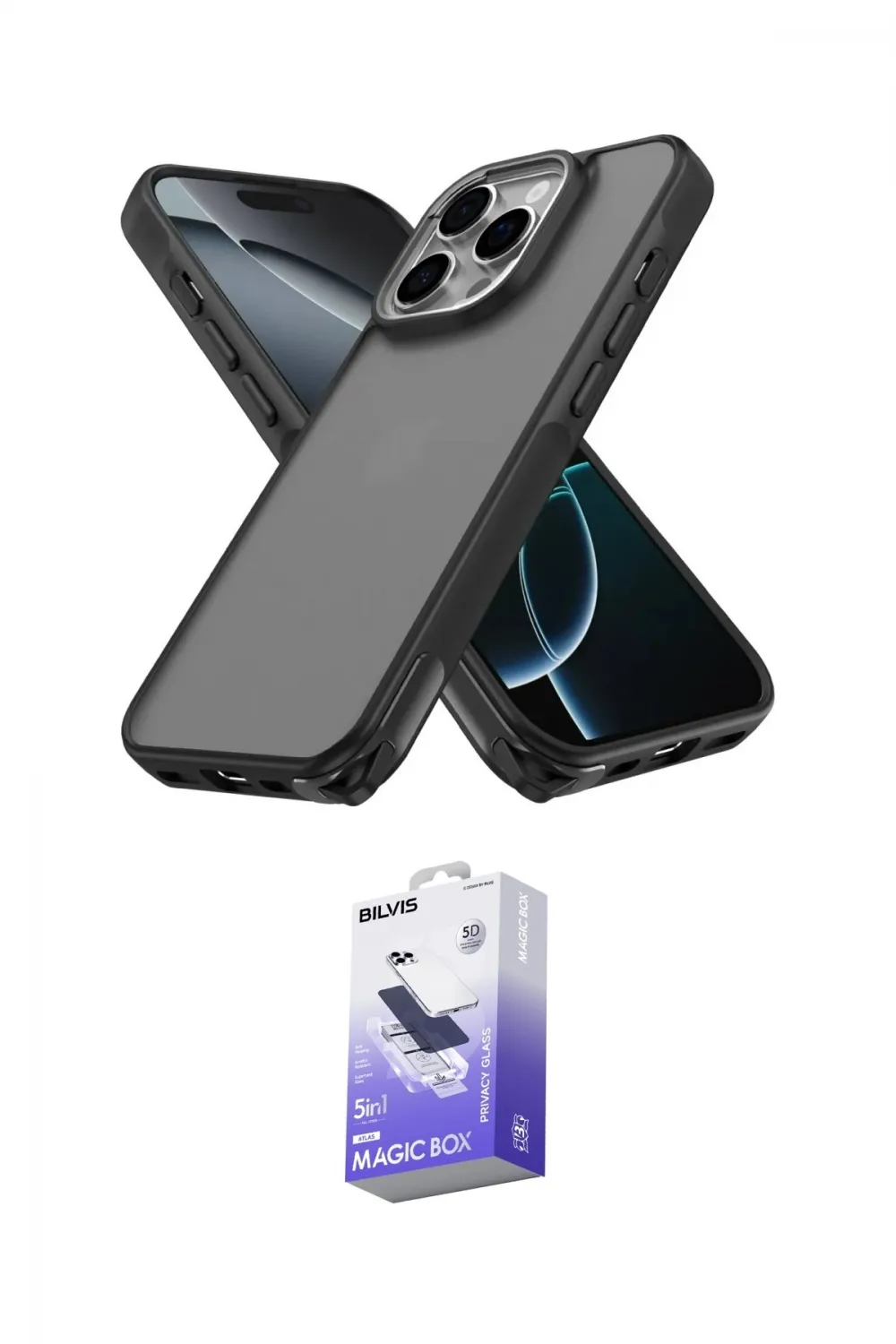 ieg™ iPhone 16 Pro Max Kılıf Atlas Form - Siyah Bilvis 5in1 5D Magic Hayalet Cam Ekran Koruyucu