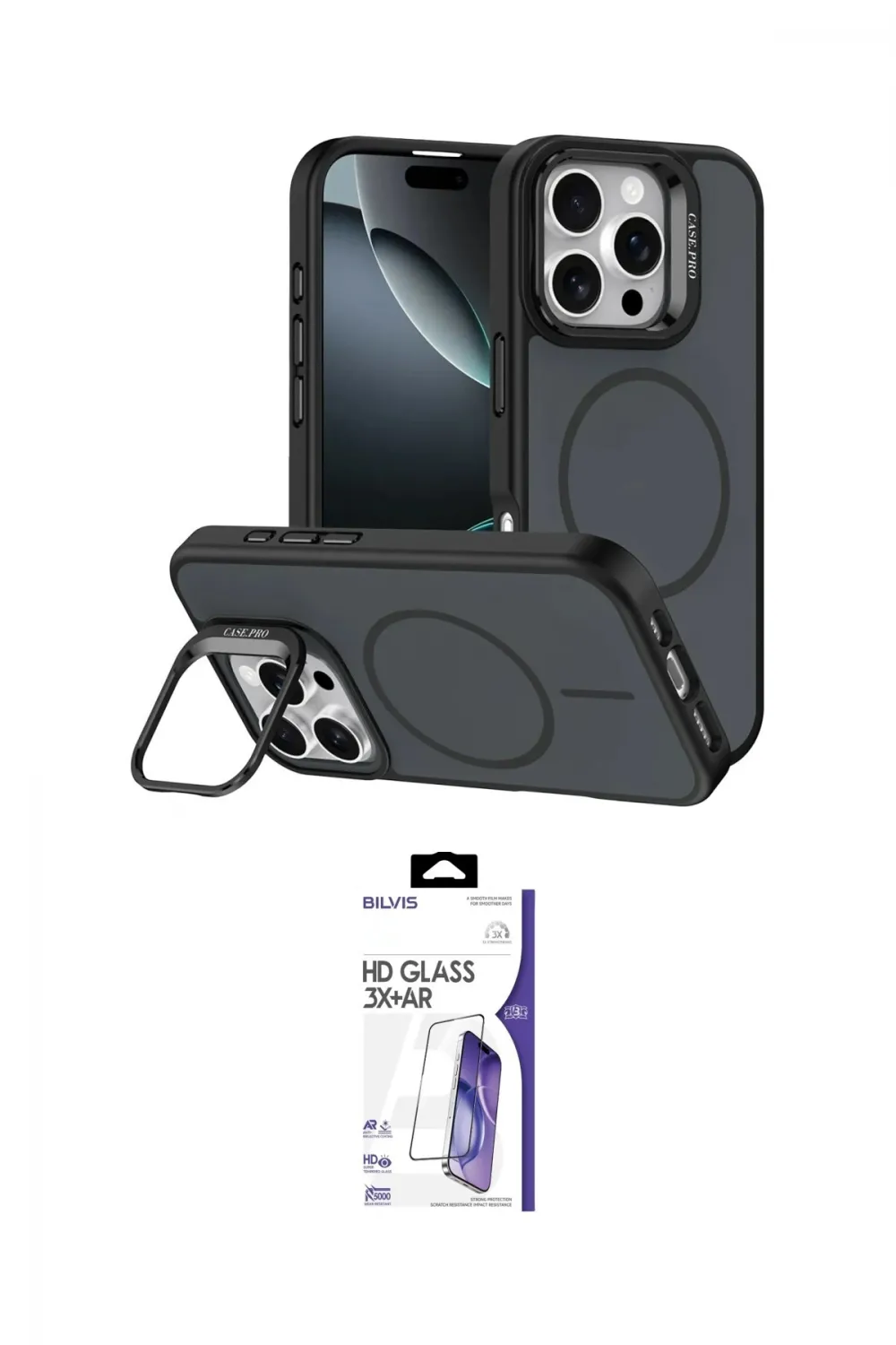 ieg™ iPhone 16 Pro Max Kılıf Çekirdek Klasik - Siyah Bilvis 3X AR HD Cam Ekran Koruyucu
