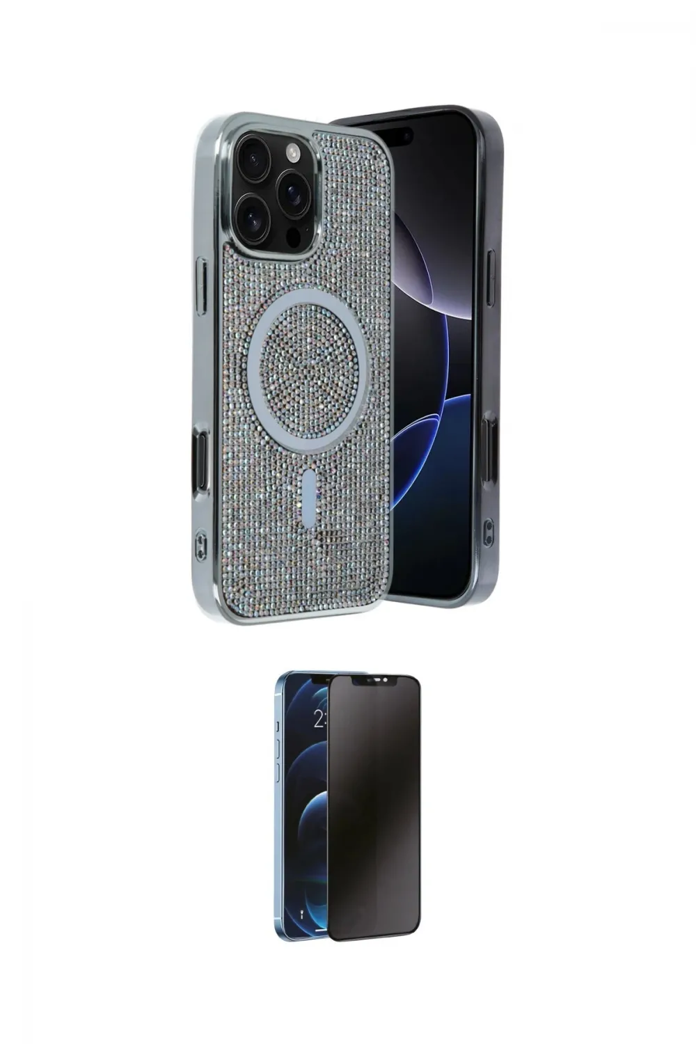 ieg™ iPhone 16 Pro Max Kılıf Eksen Çizgi - Siyah 3D Antistatik Hayalet Cam Ekran Koruyucu