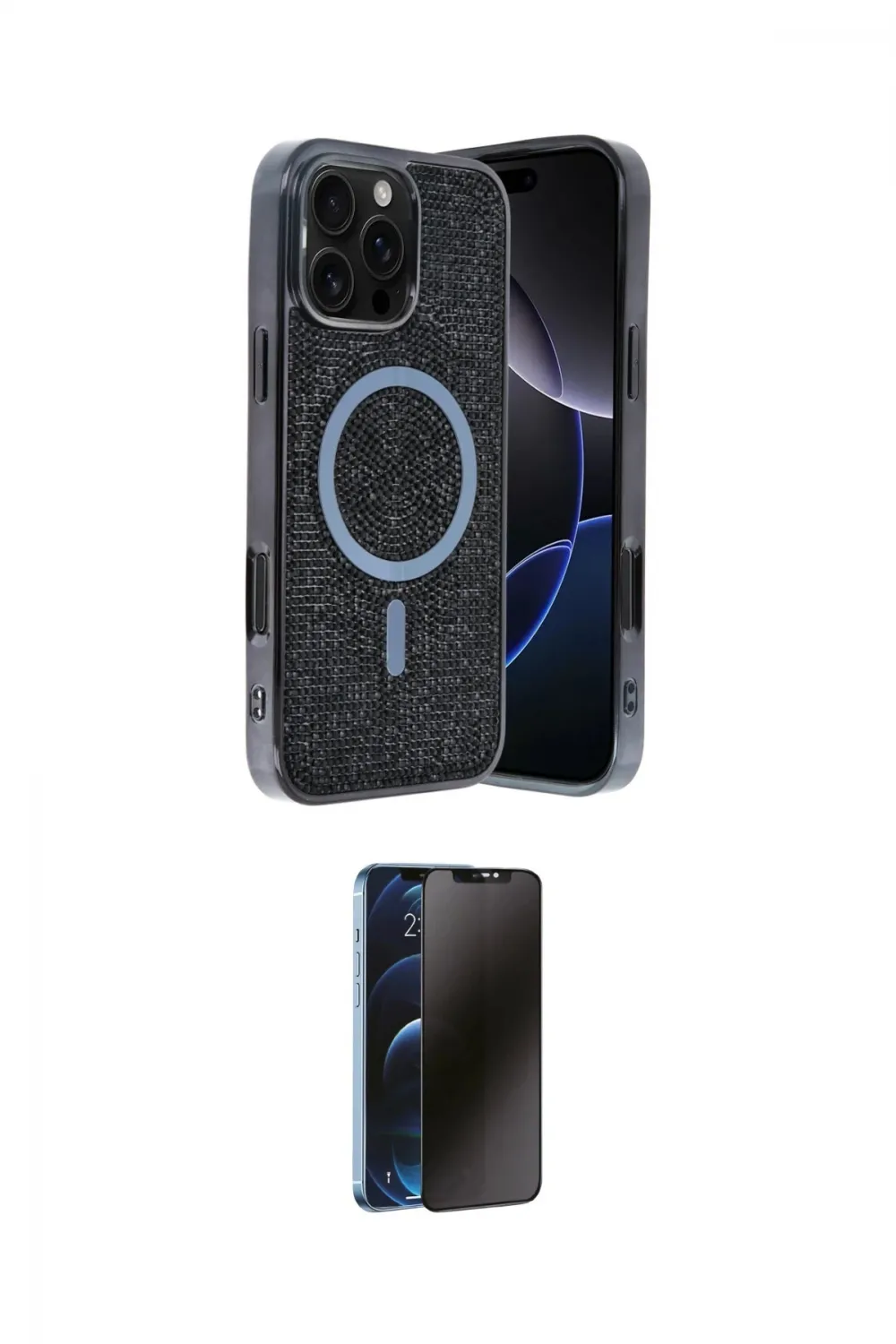 ieg™ iPhone 16 Pro Max Kılıf Eksen Çizgi - Siyah 3D Antistatik Hayalet Cam Ekran Koruyucu