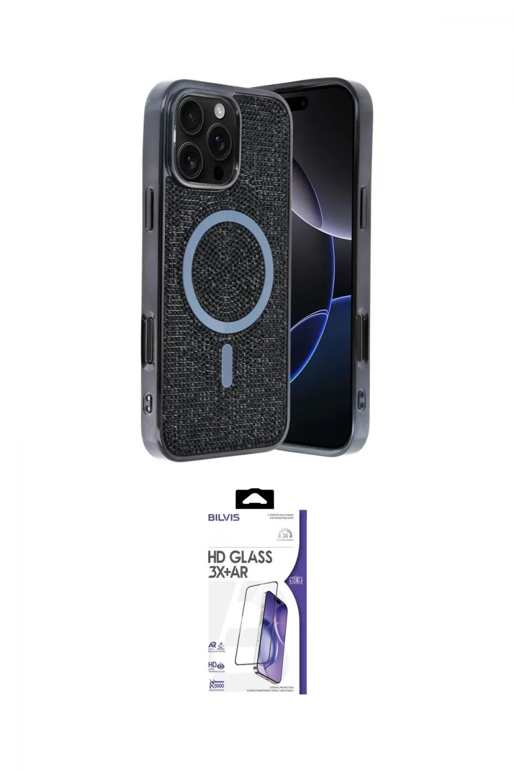 ieg™ iPhone 16 Pro Max Kılıf Eksen Çizgi - Siyah Bilvis 3X AR HD Cam Ekran Koruyucu