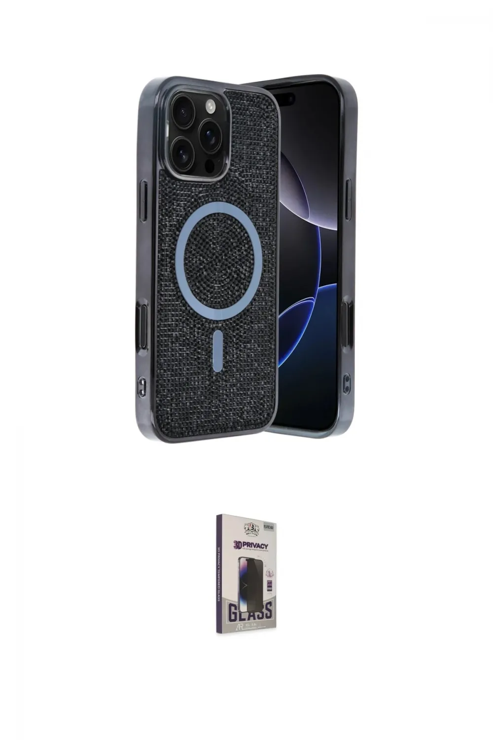 ieg™ iPhone 16 Pro Max Kılıf Eksen Çizgi - Siyah Bilvis Hayalet Cam Ekran Koruyucu