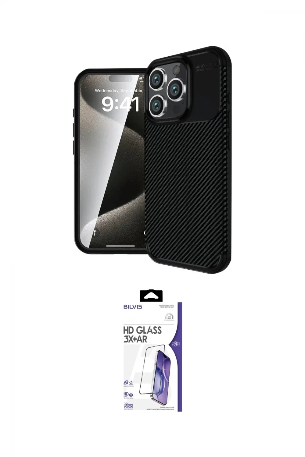 ieg™ iPhone 16 Pro Max Kılıf Eksen Form Prime - Siyah Bilvis 3X AR HD Cam Ekran Koruyucu