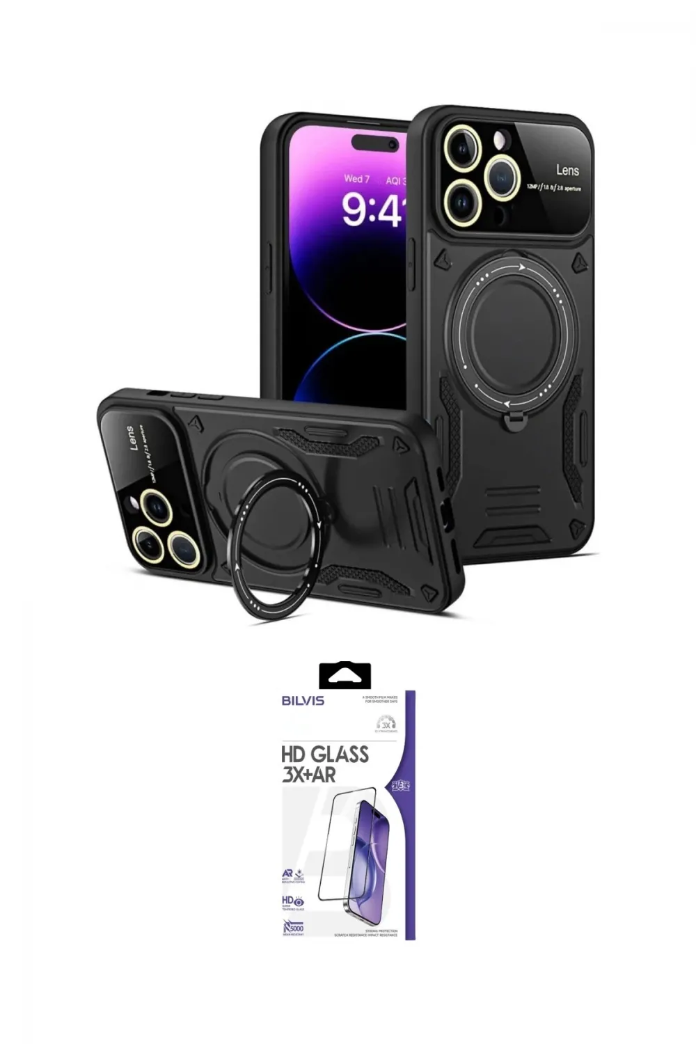ieg™ iPhone 16 Pro Max Kılıf Kıvılcım Modern Serisi - Siyah Bilvis 3X AR HD Cam Ekran Koruyucu