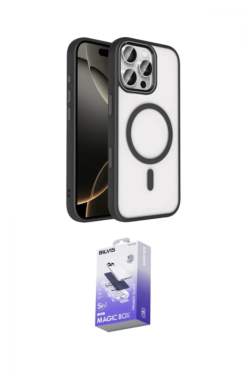 ieg™ iPhone 16 Pro Max Kılıf Kıvılcım Prime - Siyah Bilvis 5in1 5D Magic Hayalet Cam Ekran Koruyucu