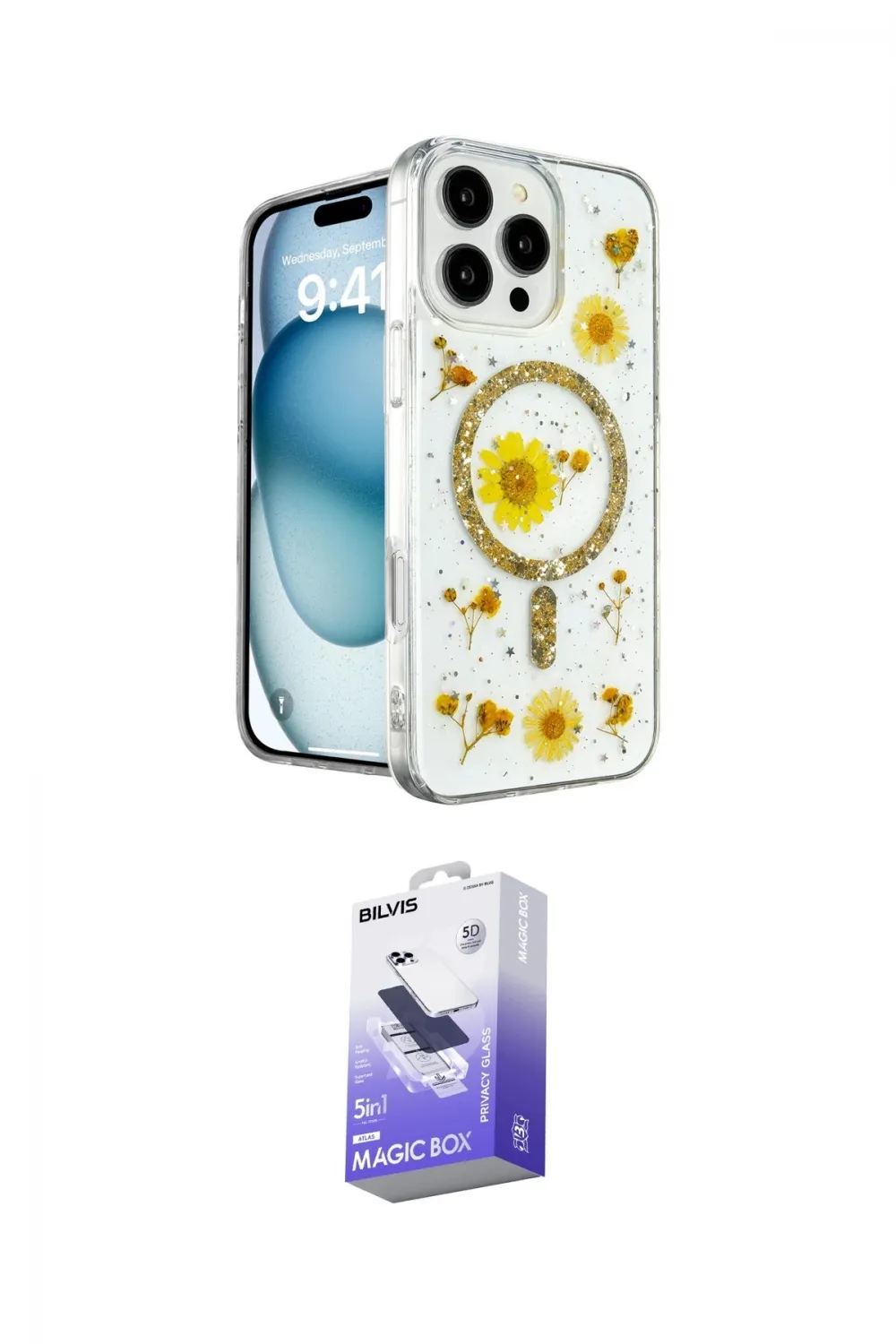 ieg™ iPhone 16 Pro Max Kılıf Kozmos Doku - Siyah Bilvis 5in1 5D Magic Hayalet Cam Ekran Koruyucu