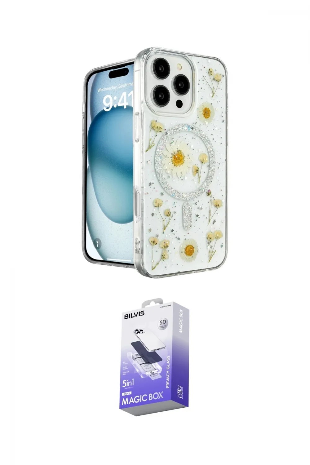 ieg™ iPhone 16 Pro Max Kılıf Kozmos Doku - Siyah Bilvis 5in1 5D Magic Hayalet Cam Ekran Koruyucu