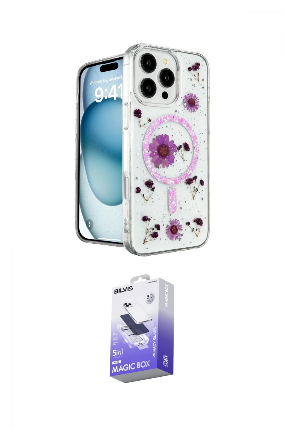 ieg™ iPhone 16 Pro Max Kılıf Kozmos Doku - Siyah Bilvis 5in1 5D Magic Hayalet Cam Ekran Koruyucu