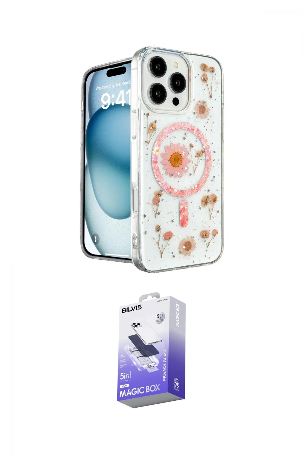 ieg™ iPhone 16 Pro Max Kılıf Kozmos Doku - Siyah Bilvis 5in1 5D Magic Hayalet Cam Ekran Koruyucu