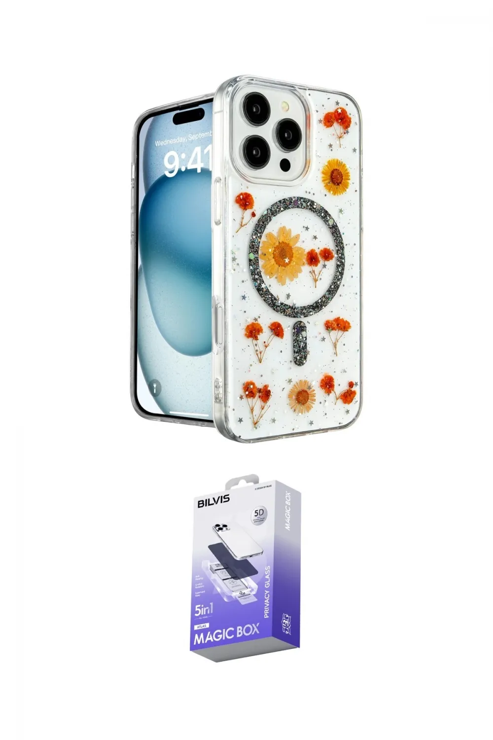 ieg™ iPhone 16 Pro Max Kılıf Kozmos Doku - Siyah Bilvis 5in1 5D Magic Hayalet Cam Ekran Koruyucu