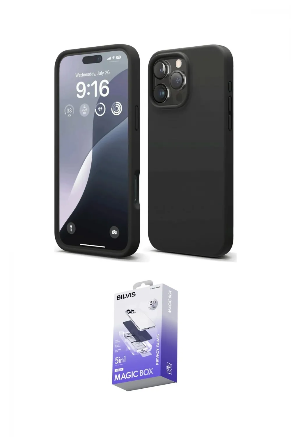 ieg™ iPhone 16 Pro Max Kılıf Kozmos Yansıma Özel Seri - Siyah Bilvis 5in1 5D Magic Hayalet Cam Ekran Koruyucu