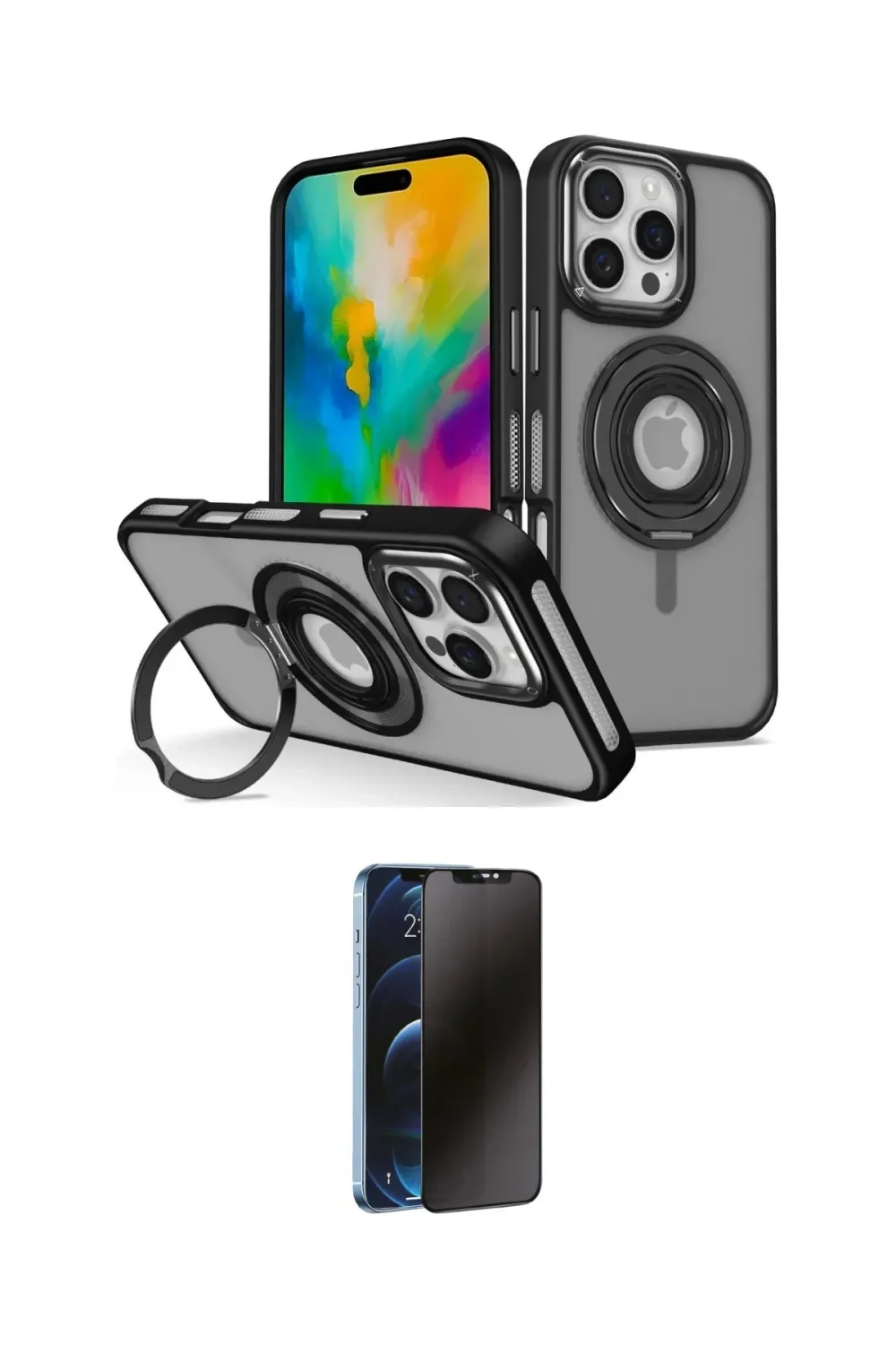 ieg™ iPhone 16 Pro Max Kılıf Nova Minimal Serisi - Siyah 3D Antistatik Hayalet Cam Ekran Koruyucu