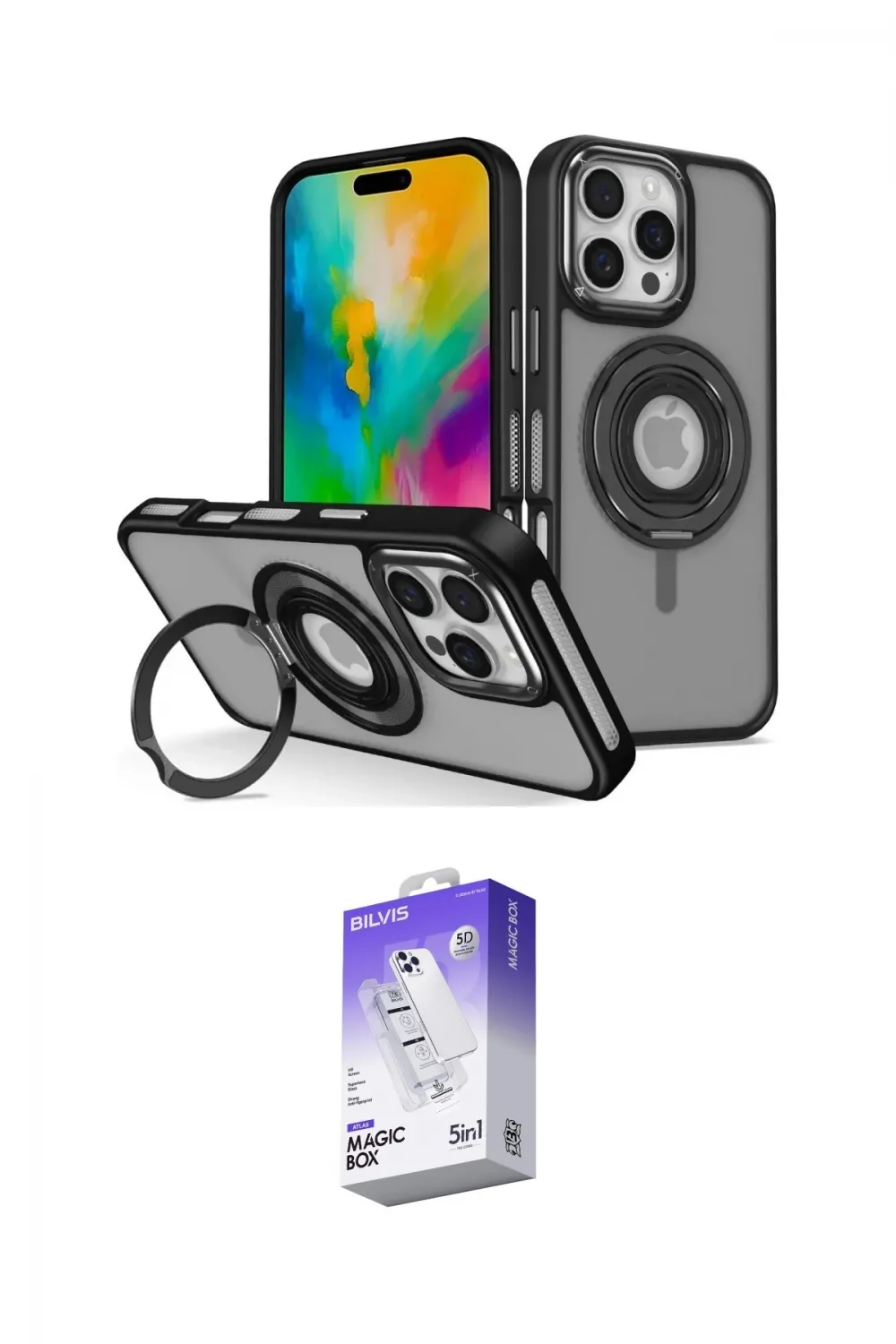 ieg™ iPhone 16 Pro Max Kılıf Nova Minimal Serisi - Siyah Bilvis 5in1 3D Magic Cam Ekran Koruyucu