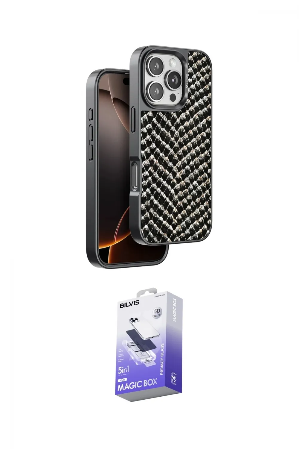 ieg™ iPhone 16 Pro Max Kılıf Vadi Özel Seri - Siyah Bilvis 5in1 5D Magic Hayalet Cam Ekran Koruyucu