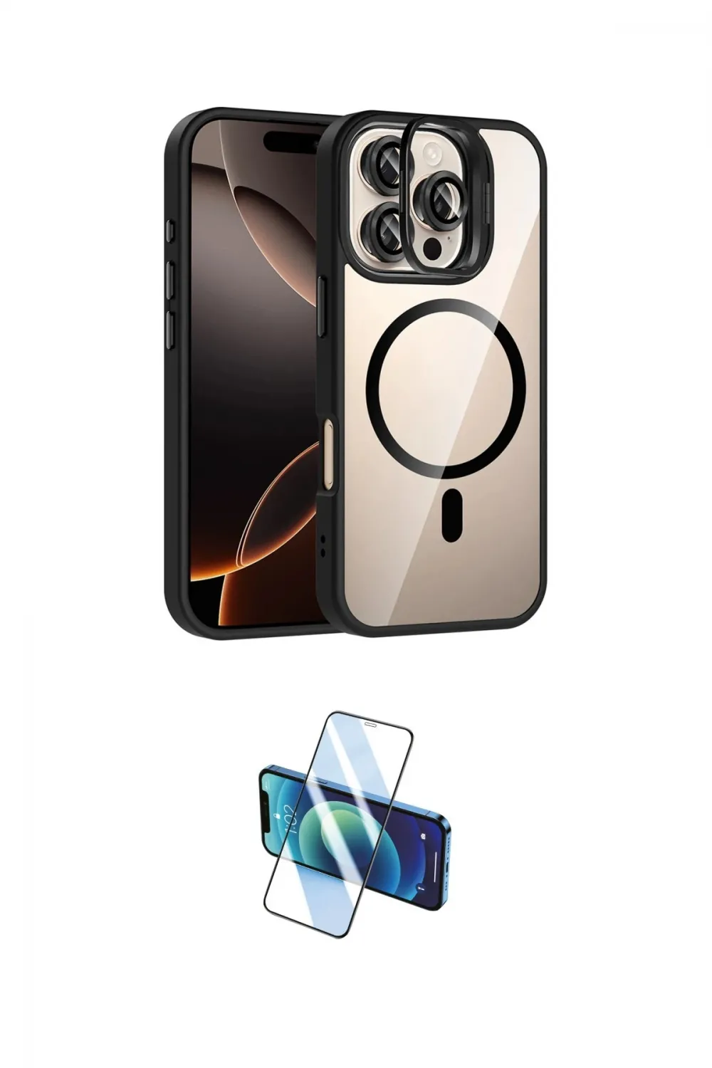 ieg™ iPhone 16 Pro Max Kılıf Yadigar Asil Koleksiyonu - Siyah 3D Antistatik Cam Ekran Koruyucu