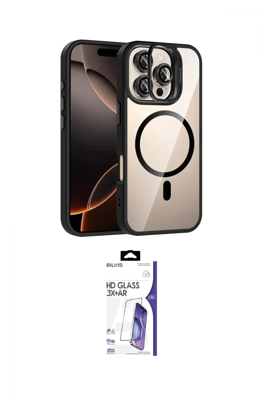 ieg™ iPhone 16 Pro Max Kılıf Yadigar Asil Koleksiyonu - Siyah Bilvis 3X AR HD Cam Ekran Koruyucu