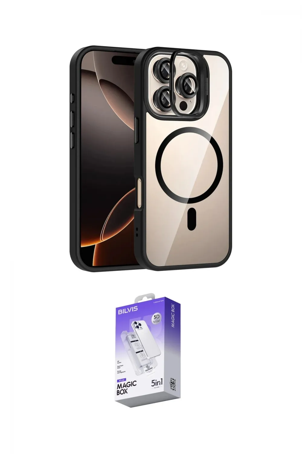 ieg™ iPhone 16 Pro Max Kılıf Yadigar Asil Koleksiyonu - Siyah Bilvis 5in1 3D Magic Cam Ekran Koruyucu